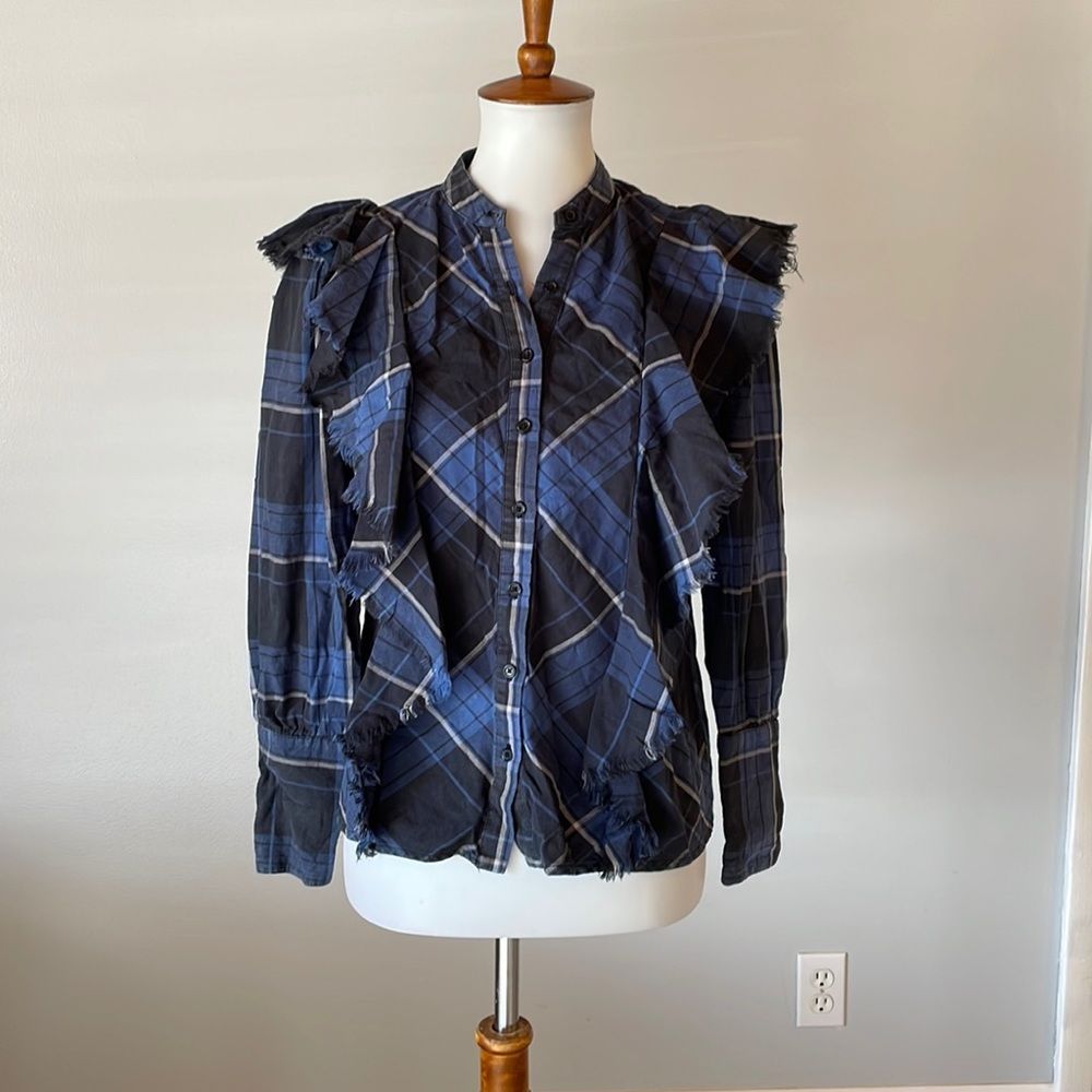 [Maison Cinqcent] Blue Flannel Button Down Blouse - Size Small